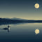 Moonlit lake scene with a loon, mountains, and a full moon reflected on calm water.