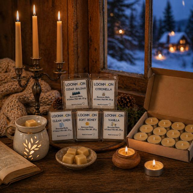 LOONMOON beeswax candle collection with taper candles, tealights, and wax melts in a cozy rustic cabin window scene.
