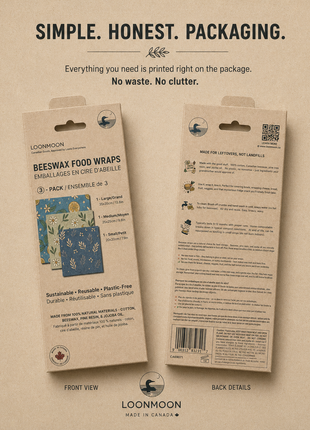 LOONMOON beeswax food wrap packaging front and back showing simple recyclable kraft packaging with printed care instructions.