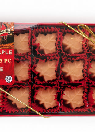 Front view of Soft Maple Sugar Candy 15-piece gift box made with pure Canadian maple syrup.  The retail packaging is shown on a clean white background, highlighting the premium gift presentation, bilingual labeling, and authentic Canadian maple candy inside.