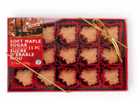 Front view of Soft Maple Sugar Candy 15-piece gift box made with pure Canadian maple syrup.  The retail packaging is shown on a clean white background, highlighting the premium gift presentation, bilingual labeling, and authentic Canadian maple candy inside.
