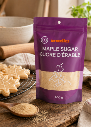 Fine maple sugar 200g pouch with maple leaf cookies, wooden spoon, and rustic baking props in a cozy kitchen.