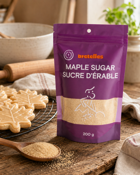 Fine maple sugar 200g pouch with maple leaf cookies, wooden spoon, and rustic baking props in a cozy kitchen.