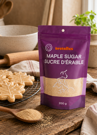 Fine maple sugar 200g pouch with maple leaf cookies, wooden spoon, and rustic baking props in a cozy kitchen.