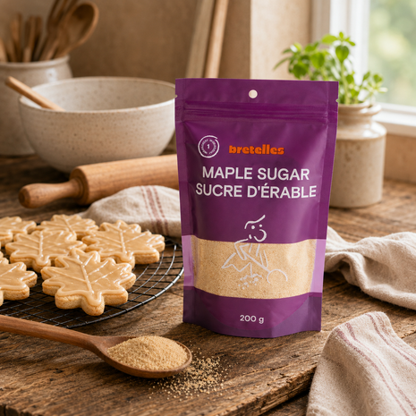 Fine maple sugar 200g pouch with maple leaf cookies, wooden spoon, and rustic baking props in a cozy kitchen.