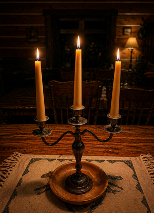 Rustic cabin dining table scene with three lit beeswax taper candles in a vintage metal candelabra, casting a warm golden glow over a wooden table and cozy homestead interior background.