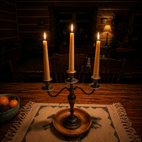 Rustic cabin dining table scene with three lit beeswax taper candles in a vintage metal candelabra, casting a warm golden glow over a wooden table and cozy homestead interior background.