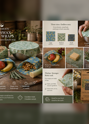 LOONMOON beeswax food wraps used to cover bread, bowls, fruit, nuts, cheese, and herbs in a rustic Canadian kitchen scene.