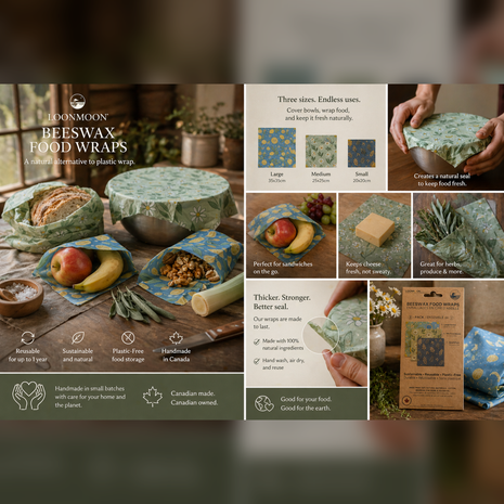 LOONMOON beeswax food wraps used to cover bread, bowls, fruit, nuts, cheese, and herbs in a rustic Canadian kitchen scene.