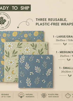 Three reusable LOONMOON beeswax food wraps in large, medium, and small sizes with lemon, floral, and blue botanical patterns.