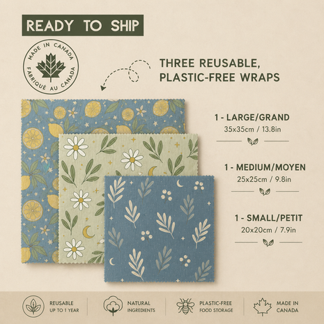 Three reusable LOONMOON beeswax food wraps in large, medium, and small sizes with lemon, floral, and blue botanical patterns.