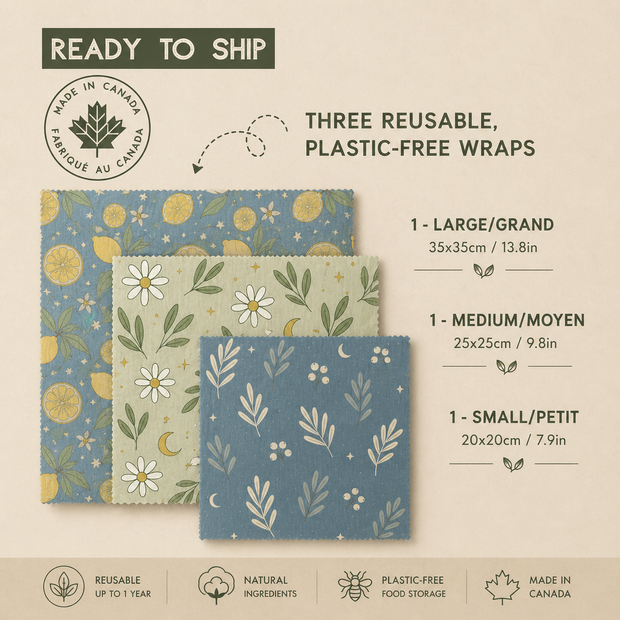 Three reusable LOONMOON beeswax food wraps in large, medium, and small sizes with lemon, floral, and blue botanical patterns.
