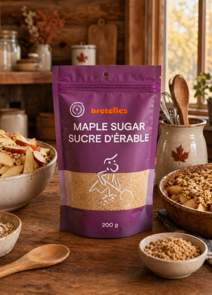 Bretelles fine maple sugar pouch beside apple crisp ingredients, oats, and baking bowls on a rustic kitchen counter.
