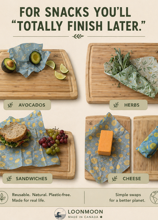 Reusable beeswax wraps covering snacks, sandwiches, herbs, cheese, avocados, and leftovers as a plastic-free food storage alternative.