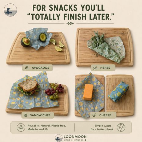 Reusable beeswax wraps covering snacks, sandwiches, herbs, cheese, avocados, and leftovers as a plastic-free food storage alternative.