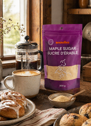 Fine maple sugar 200g pouch beside coffee, pastries, and a small bowl of maple sugar in a warm rustic kitchen.