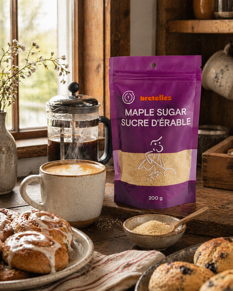 Fine maple sugar 200g pouch beside coffee, pastries, and a small bowl of maple sugar in a warm rustic kitchen.