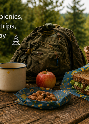 Beeswax wrap packed lunch with sandwiches and snacks on a picnic table for hikes, road trips, and outdoor adventures.