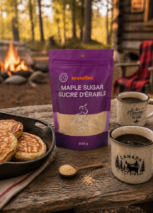 Fine maple sugar pouch with camp coffee and griddle cakes on a rustic picnic table near a Canadian forest campfire.