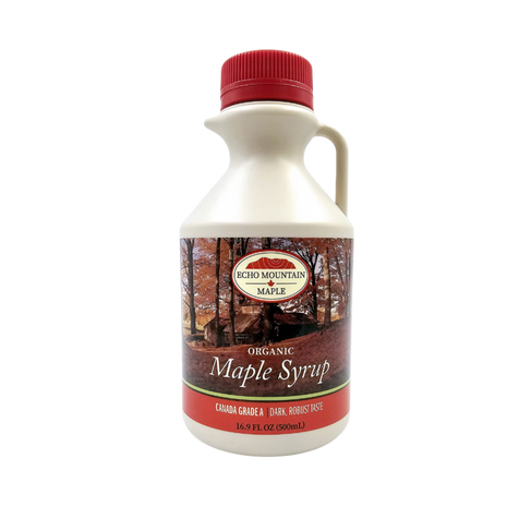 Canadian organic maple syrup in a 500ml HDPE plastic jug, pure maple syrup for everyday use and cooking