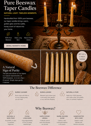 Composite product graphic showcasing pure beeswax taper candles: a cozy cabin table scene with three lit tapers in a metal holder, close-up of natural wax bloom texture, and a full set of six 8-inch tapers beside rustic packaging. Includes informational sections highlighting clean burn, longer burn time, natural purity, and benefits of beeswax such as non-toxic ingredients, subtle honey aroma, and warm golden glow.