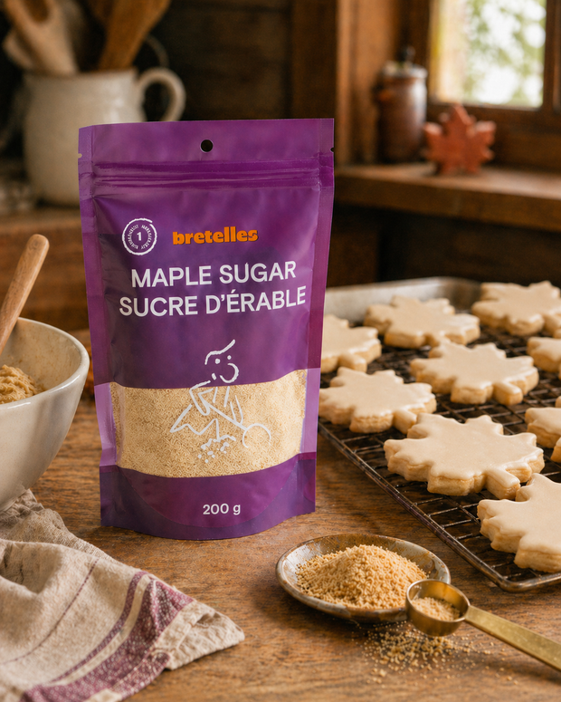 Fine maple sugar pouch beside maple leaf sugar cookies with maple glaze on a rustic kitchen baking counter.
