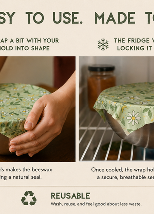 How to use beeswax food wraps by warming with hands, pressing to seal, and cooling in the fridge to hold shape.