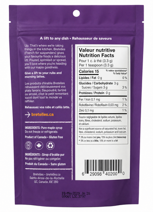 Back of Bretelles fine maple sugar 200g pouch showing ingredients, nutrition facts, barcode, and product information.