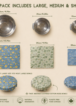 LOONMOON 3-pack beeswax wraps showing large, medium, and small sizes for covering bowls and storing food naturally.