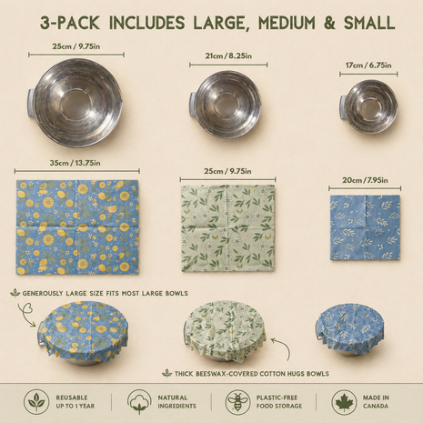 LOONMOON 3-pack beeswax wraps showing large, medium, and small sizes for covering bowls and storing food naturally.