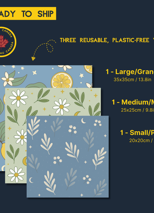 LOONMOON Canadian-made beeswax wraps 3-pack, ready to ship, showing three reusable plastic-free food wraps with patterned cotton designs and sizes: 1 large 35x35 cm (13.8 in), 1 medium 25x25 cm (9.8 in), and 1 small 20x20 cm (7.9 in).