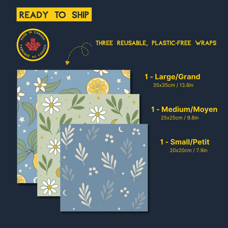LOONMOON Canadian-made beeswax wraps 3-pack, ready to ship, showing three reusable plastic-free food wraps with patterned cotton designs and sizes: 1 large 35x35 cm (13.8 in), 1 medium 25x25 cm (9.8 in), and 1 small 20x20 cm (7.9 in).