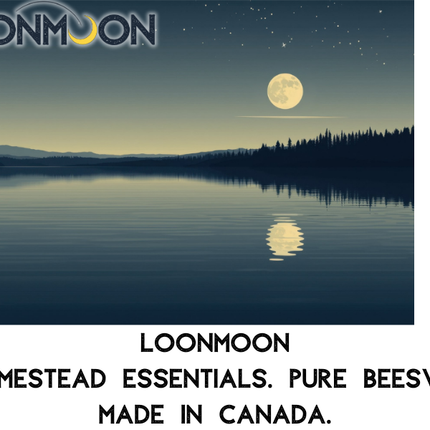 LOONMOON brand label featuring a moonlit Canadian lake scene and QR code linking to care and safety tips for pure beeswax taper candles made in Canada.