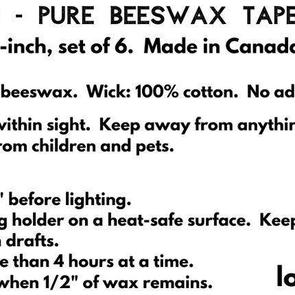 LOONMOON safety and care label for pure beeswax taper candles, listing ingredients, warning text, wick trimming and burn-time guidance, and loonmoon.ca.