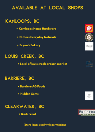 LOONMOON “Find Us Here” stockists graphic listing local shops in Kamloops, Louis Creek, Barriere, and Clearwater, with logos for Kamloops Home Hardware, Nutter’s Everyday Naturals, Brynn’s Bakery, The Local of Louis Creek Artisan Market, Brickfront Food Shop, and Hidden Gems Gift Shop.