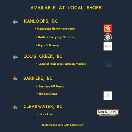LOONMOON “Find Us Here” stockists graphic listing local shops in Kamloops, Louis Creek, Barriere, and Clearwater, with logos for Kamloops Home Hardware, Nutter’s Everyday Naturals, Brynn’s Bakery, The Local of Louis Creek Artisan Market, Brickfront Food Shop, and Hidden Gems Gift Shop.