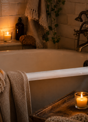 Beeswax votive candles in glass holders beside a bathtub for a warm natural bath atmosphere.