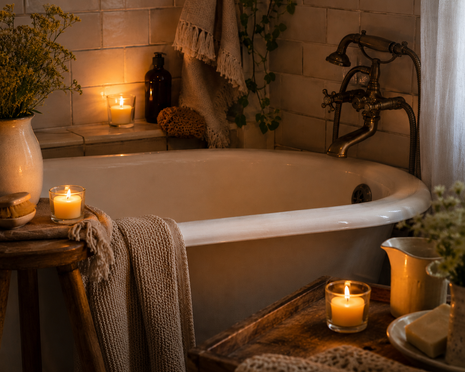 Beeswax votive candles in glass holders beside a bathtub for a warm natural bath atmosphere.