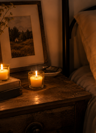Two beeswax votive candles in glass holders glowing on a rustic bedside table at night.
