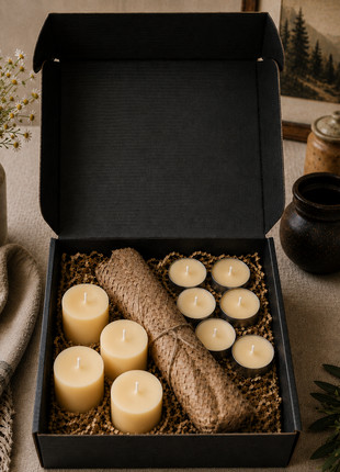 Gift-ready LOONMOON beeswax candle box with wrapped taper candles, beeswax votives, and tealights arranged in black kraft-style packaging indoors in British Columbia