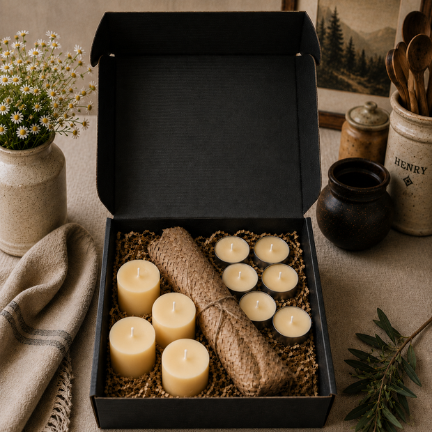 Gift-ready LOONMOON beeswax candle box with wrapped taper candles, beeswax votives, and tealights arranged in black kraft-style packaging indoors in British Columbia