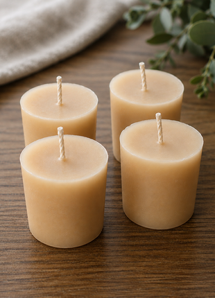 Four hand-poured pure beeswax votive candles with cotton wicks on a wooden table.