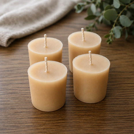 Four hand-poured pure beeswax votive candles with cotton wicks on a wooden table.