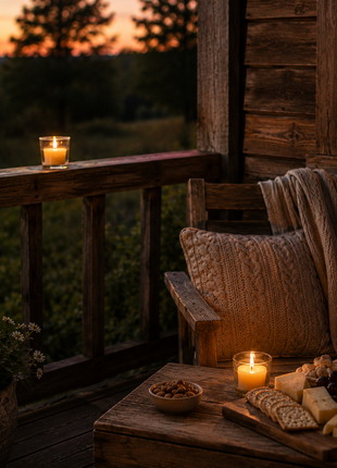 Beeswax votive candles in glass holders on a rustic outdoor patio at dusk.
