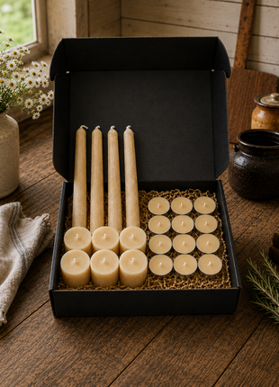 LOONMOON premium beeswax candle gift box featuring hand-poured taper candles, votive candles, and tealights in a black kraft presentation box with rustic farmhouse kitchen decor.
