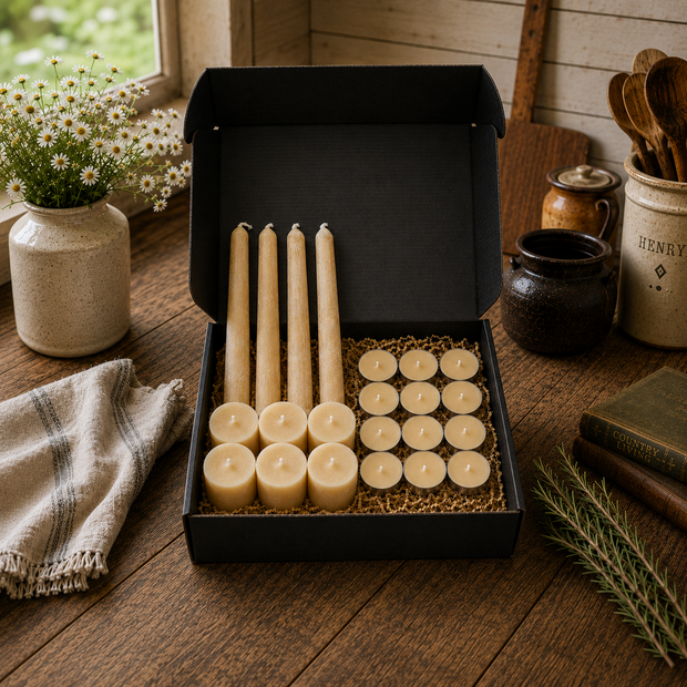 LOONMOON premium beeswax candle gift box featuring handmade taper candles, votive candles, and tealights in a black kraft presentation box with rustic farmhouse kitchen decor.
