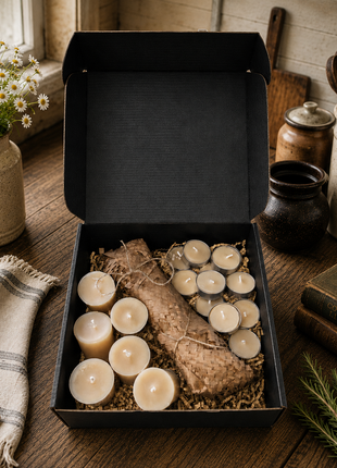 Open LOONMOON premium beeswax candle gift box with hand-poured Canadian votive candles, tealights, and wrapped taper candles arranged in eco-friendly kraft packaging on a rustic homestead table.