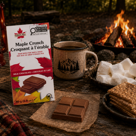 Turkey Hill Maple Crunch milk chocolate bar beside marshmallows and hot chocolate near a glowing outdoor campfire.
