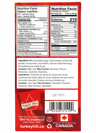 Close-up of the back packaging for Turkey Hill Maple Crunch Belgian Milk Chocolate Bar, showing bilingual Canadian and English nutrition facts, ingredient list, allergen information, barcode, and Product of Canada labeling on a clean white background.