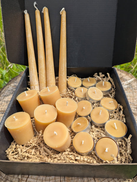 LOONMOON Premium Beeswax Candle Box displayed outdoors in British Columbia with tapers, votives, and tealights in a black gift box.